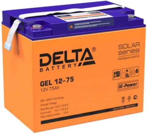 Батарея DELTA серия GEL, GEL 12-75, напряжение 12В, емкость 75Ач (разряд 10 часов),  макс. ток разряда (5 сек.) 700А, макс. ток заряда 15А, свинцово-кислотная типа AGM+GEL, клеммы под болт М6, ДxШxВ 260х168х219мм., вес 23кг., LCD, срок службы 10-12 лет./  фото 1