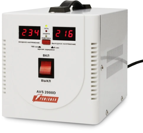 Стабилизатор POWERMAN AVS 2000D, ступенчатый регулятор, цифровые индикаторы уровней напряжения, 2000ВА, 140-260В, максимальный входной ток 12А, 2 евророзетки, IP-20, напольный,  200мм х 160мм х 190мм, 4.9 кг./ Stabilizer POWERMAN AVS 2000D, step-type regu фото 2