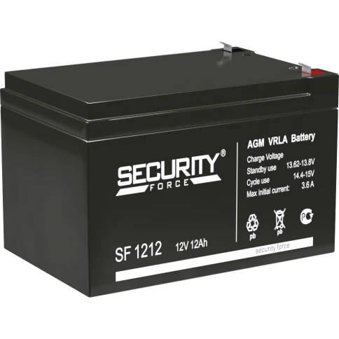 Батарея SECURITY FORCE серия SF, SF 1212, напряжение 12В, емкость 12Ач (разряд 20 часов),  макс. ток разряда (5 сек.) 16.2А, макс. ток заряда 3.6А, свинцово-кислотная типа AGM, клеммы F2, ДxШxВ 151х98х95мм., вес кг., срок службы 3-5 лет./ Battery SECURITY фото 1