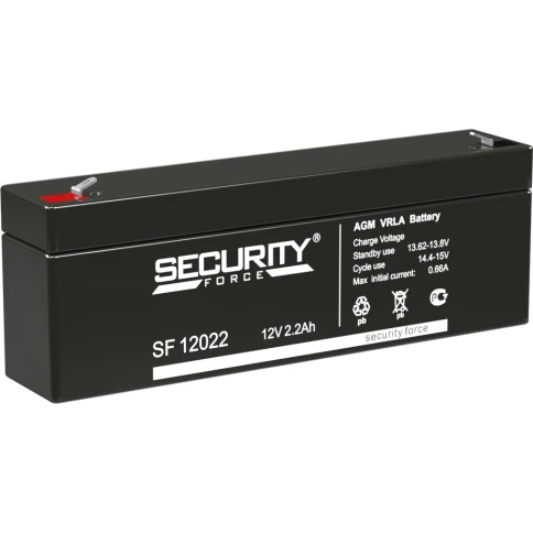 Батарея SECURITY FORCE серия SF, SF 12022, напряжение 12В, емкость 2.2Ач (разряд 20 часов),  макс. ток разряда (5 сек.) 52.5А, макс. ток заряда 0.66А, свинцово-кислотная типа AGM, клеммы F1, ДxШxВ 179х35х61мм., вес кг., срок службы 3-5 лет./ Battery SECUR фото 1