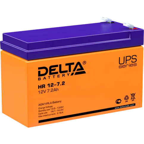 Батарея DELTA серия HR, HR 12-7,2, напряжение 12В, емкость 7.2Ач (разряд 20 часов),  макс. ток разряда (5 сек.) 105А, макс. ток заряда 2.16А, свинцово-кислотная типа AGM, клеммы F2, ДxШxВ 151х65х94мм., вес 2.5кг., срок службы 8 лет./ Battery DELTA series фото 1