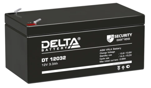 Батарея DELTA серия DT, DT 12032, напряжение 12В, емкость 3.3Ач (разряд 20 часов),  макс. ток разряда (5 сек.) 54А, макс. ток заряда 0.96А, свинцово-кислотная типа AGM, клеммы F1, ДxШxВ 134х67х61мм., вес 1.35кг., срок службы 5 лет./ Battery DELTA series D фото 1