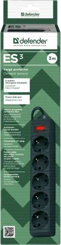 Сетевой фильтр Defender ES 3 3 м, черный, 5 розеток/ Surge Protector D фото 4