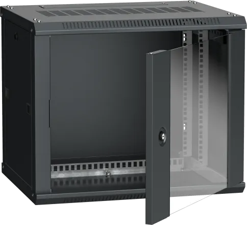 19" настенный шкаф 6U 600x450, стекл. передняя дверь, черный (плоск. у фото 2