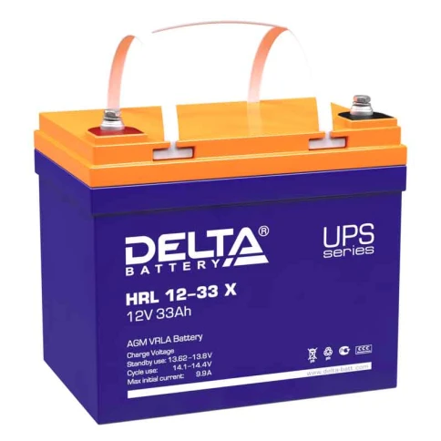 Батарея DELTA серия HRL-X, HRL 12-33 X, напряжение 12В, емкость 33Ач (разряд 10 часов),  макс. ток разряда (5 сек.) 330А, макс. ток заряда 9.9А, свинцово-кислотная типа AGM, клеммы под болт М6, ДxШxВ 195х130х155мм., вес 11.2кг., срок службы 12 лет./ Batte фото 1