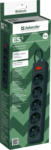 Сетевой фильтр Defender ES 5 5 м, черный, 5 розеток/ Surge Protector D фото 3