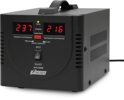 Стабилизатор POWERMAN AVS 500D, черный, ступенчатый регулятор, цифровые индикаторы уровней напряжения, 500ВА, 140-260В, максимальный входной ток 5А, 2 евророзетки, IP-20, напольный,  200мм х 150мм х 140мм, 2,3 кг./ Stabilizer POWERMAN AVS 500D, black, ste фото 2