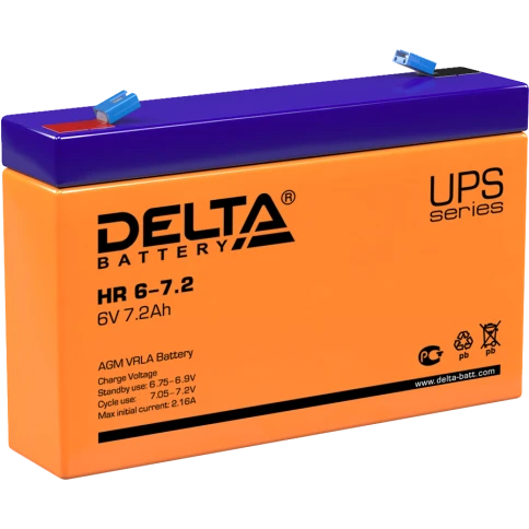 Батарея DELTA серия HR, HR 6-7,2, напряжение 6В, емкость 7.2Ач (разряд 20 часов),  макс. ток разряда (5 сек.) 108А, макс. ток заряда 2.1А, свинцово-кислотная типа AGM, клеммы F1, ДxШxВ 151х34х94мм., вес 1.28кг., срок службы 8 лет./ Battery DELTA series HR фото 1