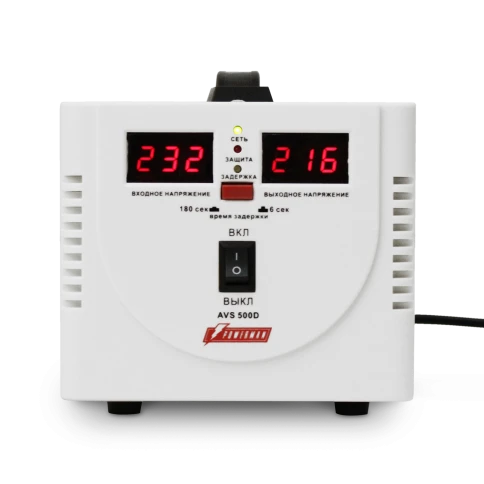 Стабилизатор POWERMAN AVS 500D, ступенчатый регулятор, цифровые индикаторы уровней напряжения, 500ВА, 140-260В, максимальный входной ток 5А, 2 евророзетки, IP-20, напольный,  200мм х 150мм х 140мм, 2,3 кг./ Stabilizer POWERMAN AVS 500D, step-type regulato фото 2