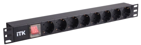 PDU 8 розеток нем. стандарт, с LED выключателем,1U, без шнура, вх. C14 фото 1