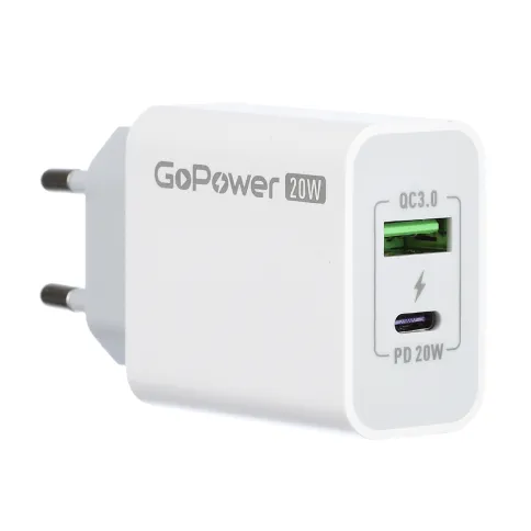 Сетевое З/У GoPower GPQC08 1USB+1Type-C 20W QC3.0 белый фото 1