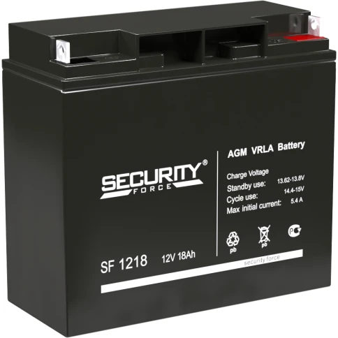 Батарея SECURITY FORCE серия SF, SF 1218, напряжение 12В, емкость 18Ач (разряд 20 часов),  макс. ток разряда (5 сек.) 30А, макс. ток заряда 5.4А, свинцово-кислотная типа AGM, клеммы под гайку и болт M6, ДxШxВ 181х77х167мм., вес кг., срок службы 3-5 лет./ фото 1