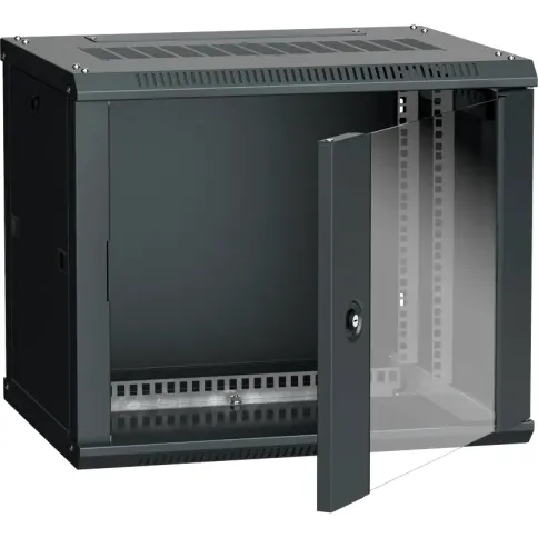19" настенный шкаф 9U 600x450, стекл. передняя дверь, черный (плоск. у фото 1
