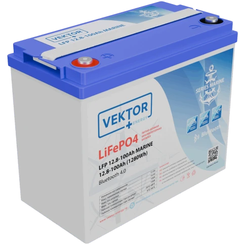 Батарея Vektor Energy серия LFP MARINE, LFP 12.8-100, напряжение 12.8В, емкость 100 Ач, макс. ток разряда 100А, макс. ток заряда 100 А, литий-ионная аккуумуляторная батарея, клеммы M8, ДxШxВ 258*166*215 мм., вес 9,9 кг., срок службы 15 лет фото 1
