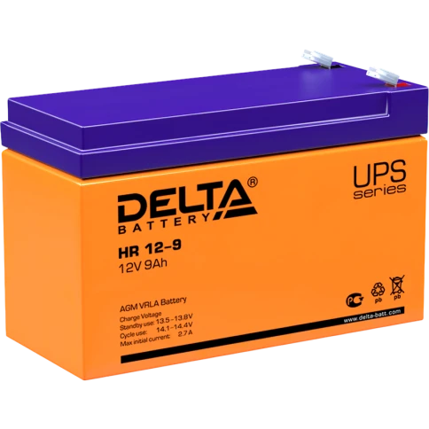 Батарея DELTA серия HR, HR 12-9, напряжение 12В, емкость 9Ач (разряд 20 часов),  макс. ток разряда (5 сек.) 135А, макс. ток заряда 2.7А, свинцово-кислотная типа AGM, клеммы F2, ДxШxВ 151х65х94мм., вес 2.78кг., срок службы 8 лет./ Battery DELTA series HR, фото 1