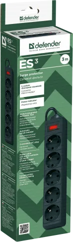 Сетевой фильтр Defender ES 3 3 м, черный, 5 розеток/ Surge Protector D фото 3