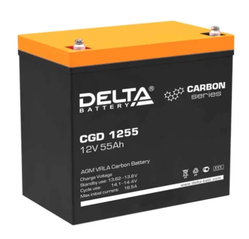 Батарея DELTA серия CGD, CGD 1255, напряжение 12В, емкость 55Ач (разряд 10 часов),  макс. ток разряда (5 сек.) 660А, макс. ток заряда 27.5А, графеновая свинцово-кислотная типа AGM, клеммы под болт М6, ДxШxВ 230х138х205мм., вес 18кг., срок службы 15 лет./  фото 1