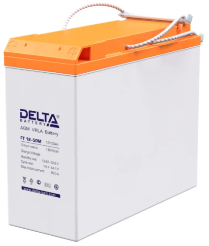 Батарея DELTA серия FT-M, FT 12-50 М, напряжение 12В, емкость 50Ач (разряд 10 часов),  макс. ток разряда (5 сек.) 500А, макс. ток заряда 15А, свинцово-кислотная типа AGM, клеммы под болт М6, ДxШxВ 277х106х222мм., вес 17кг., срок службы 10-12 лет./ Battery фото 1
