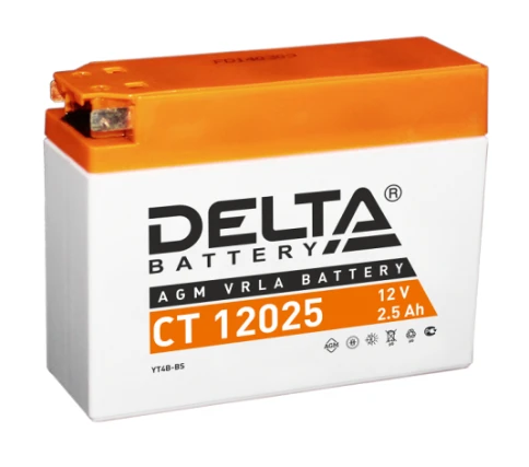 Аккумуляторная батарея для мото-техники/ DELTA серия  CT, CT 12025, напряжение 12В, емкость 2,5 Ач (разряд 10 часов 10.5 В), пусковой ток: 40А, полярность обратная ( - +),  тип AGM;Pb (свинцово-кислотный), клеммы: BN под болт,  ДxШxВ 114x39x87мм., вес  0, фото 1