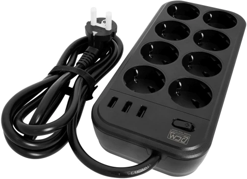 Фильтр-удлинитель PowerCom SP-08 USB03AB 3.0M, 8 розеток, черный, 16А, фото 2