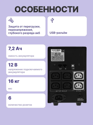 Источник бесперебойного питания (3 кабеля)/ Powercom IMP-1500AP фото 3