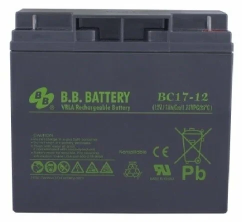 Батарея B.B. Battery серия BC, BC17-12, напряжение 12В, емкость 17Ач (разряд 20 часов), макс. ток разряда (5 сек.) 255А, макс. ток заряда 5.1A, свинцово-кислотная типа AGM, клеммы B1, ДxШxВ 181x76x166мм., вес 5.62кг., срок службы 5-7 лет/ B.B. Battery ser фото 2