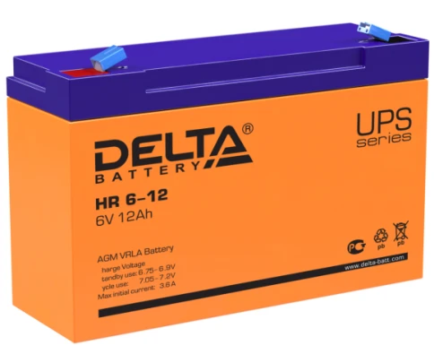 Батарея DELTA серия HR, HR 6-12, напряжение 6В, емкость 12Ач (разряд 20 часов),  макс. ток разряда (5 сек.) 175А, макс. ток заряда 3.6А, свинцово-кислотная типа AGM, клеммы F1, ДxШxВ 151х50х94мм., вес 1.85кг., срок службы 8 лет./ Battery DELTA series HR,  фото 1