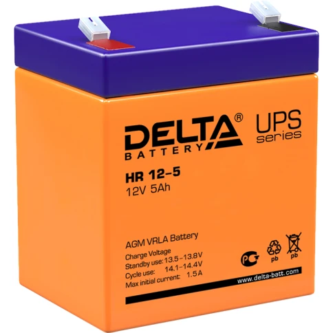 Батарея DELTA серия HR, HR 12-5, напряжение 12В, емкость 5Ач (разряд 20 часов),  макс. ток разряда (5 сек.) 75А, макс. ток заряда 1.5А, свинцово-кислотная типа AGM, клеммы F2, ДxШxВ 90х70х101мм., вес 1.8кг., срок службы 8 лет./ Battery DELTA series HR, HR фото 1