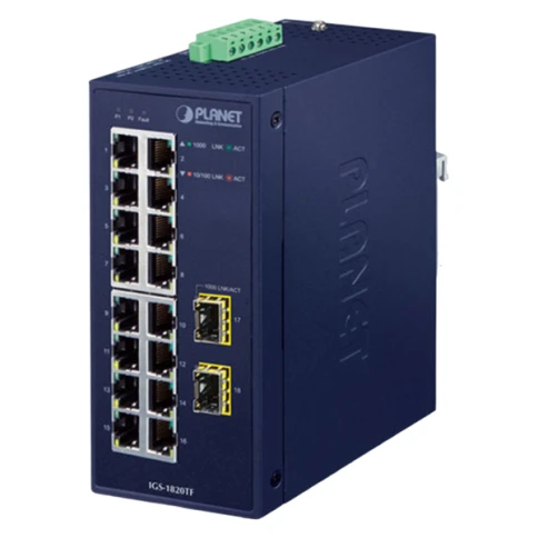 коммутатор/ PLANET IGS-1820TF IP30 Industrial 16-Port 10/100/1000T + 2-Port 1000X... фото 1
