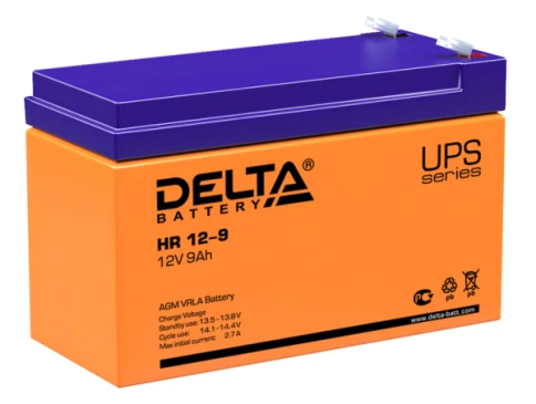 Батарея DELTA серия HR, HR 12-9, напряжение 12В, емкость 9Ач (разряд 20 часов),  макс. ток разряда (5 сек.) 135А, макс. ток заряда 2.7А, свинцово-кислотная типа AGM, клеммы F2, ДxШxВ 151х65х94мм., вес 2.78кг., срок службы 8 лет./ Battery DELTA series HR,  фото 1