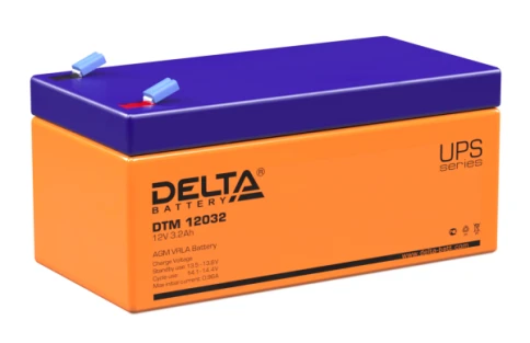 Батарея DELTA серия DTM, DTM 12032, напряжение 12В, емкость 3.2Ач (разряд 20 часов),  макс. ток разряда (5 сек.) 48А, макс. ток заряда 0.96А, свинцово-кислотная типа AGM, клеммы F1, ДxШxВ 134х67х61мм., вес 1.35кг., срок службы 6 лет./ Battery DELTA series фото 1