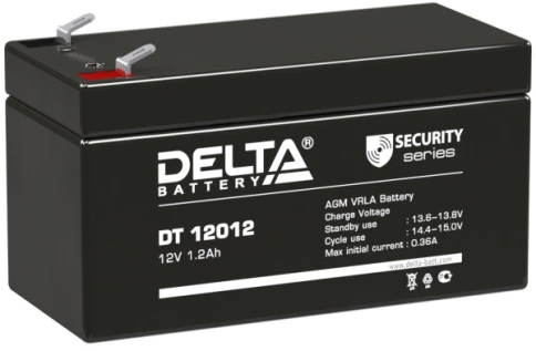 Батарея DELTA серия DT, DT 12012, напряжение 12В, емкость 1.2Ач (разряд 20 часов),  макс. ток разряда (5 сек.) 19.5А, макс. ток заряда 0.36А, свинцово-кислотная типа AGM, клеммы F1, ДxШxВ 97х45х52мм., вес 0.55кг., срок службы 5 лет./ Battery DELTA series фото 1