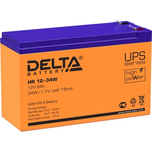 Батарея DELTA серия HR-W, HR 12-34 W, напряжение 12В, емкость 9Ач (разряд 20 часов),  макс. ток разряда (5 сек.) 160А, макс. ток заряда 2.7А, свинцово-кислотная типа AGM, клеммы F2, ДxШxВ 151х65х94мм., вес 2.62кг., срок службы 8 лет./ Battery DELTA series фото 1