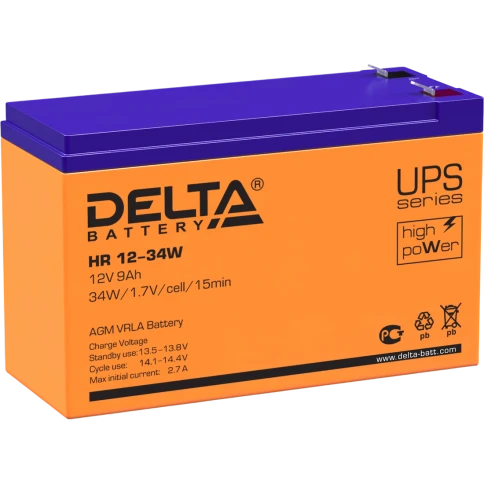 Батарея DELTA серия HR-W, HR 12-34 W, напряжение 12В, емкость 9Ач (разряд 20 часов),  макс. ток разряда (5 сек.) 160А, макс. ток заряда 2.7А, свинцово-кислотная типа AGM, клеммы F2, ДxШxВ 151х65х94мм., вес 2.62кг., срок службы 8 лет./ Battery DELTA series фото 1