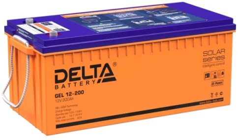 Батарея DELTA серия GEL, GEL 12-200, напряжение 12В, емкость 200Ач (разряд 10 часов),  макс. ток разряда (5 сек.) 1000А, макс. ток заряда 40А, свинцово-кислотная типа AGM+GEL, клеммы под болт М8, ДxШxВ 522х239х217мм., вес 64.7кг., LCD, срок службы 10-12 л фото 1