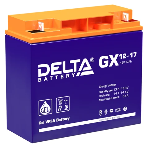 Батарея DELTA серия GX, GX 12-17, напряжение 12В, емкость 17Ач (разряд 20 часов),  макс. ток разряда (5 сек.) 225А, макс. ток заряда 3.36А, свинцово-кислотная типа GEL, клеммы под гайку и болт M6, ДxШxВ 181х77х167мм., вес 5.5кг., срок службы 15 лет./ Batt фото 1