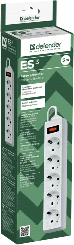 Сетевой фильтр Defender ES 3 3 м, белый, 5 розеток/ Surge Protector De фото 3