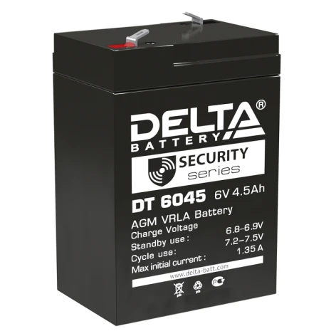 Батарея DELTA серия DT, DT 6045, напряжение 6В, емкость 4.5Ач (разряд 20 часов),  макс. ток разряда (5 сек.) 70А, макс. ток заряда 1.35А, свинцово-кислотная типа AGM, клеммы F1, ДxШxВ 70х47х100мм., вес 0.75кг., срок службы 5 лет./ Battery DELTA series DT, фото 1