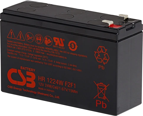 Батарея CSB серия HR, HR1224W F2 F1, напряжение 12В, емкость 6Ач (разряд 20 часов), 24 Вт/Эл при 15-мин. разряде до U кон. - 1.67 В/Эл при 25 °С, макс. ток разряда (5 сек.) 130А, ток короткого замыкания 260А, макс. ток заряда 2.4A, свинцово-кислотная типа фото 1