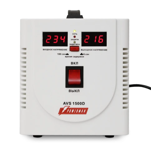 Стабилизатор POWERMAN AVS 1500D, ступенчатый регулятор, цифровые индикаторы уровней напряжения, 1500ВА, 140-260В, максимальный входной ток 10А, 2 евророзетки, IP-20, напольный,  200мм х 160мм х 190мм, 4 кг./ Stabilizer POWERMAN AVS 1500D, step-type regula фото 1