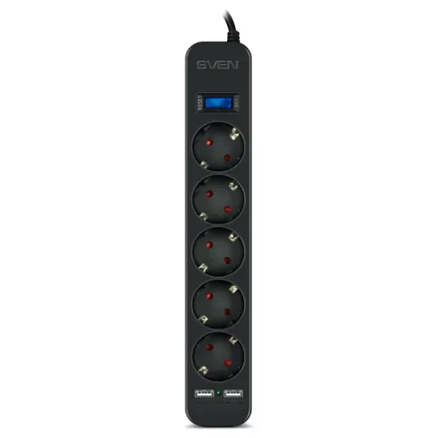 Фильтр SVEN SF-05LU 3.0 м (5 евро розеток,2*USB(2,4А)) черный, цветная фото 2