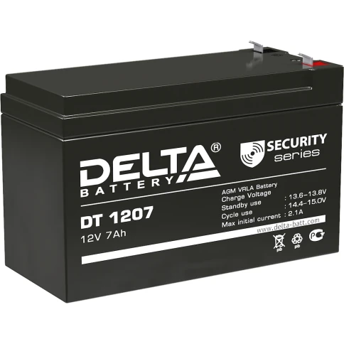 Батарея DELTA серия DT, DT 1207, напряжение 12В, емкость 7Ач (разряд 20 часов),  макс. ток разряда (5 сек.) 108А, макс. ток заряда 2.1А, свинцово-кислотная типа AGM, клеммы F1, ДxШxВ 151х65х95мм., вес 2.05кг., срок службы 5 лет./ Battery DELTA series DT, фото 1
