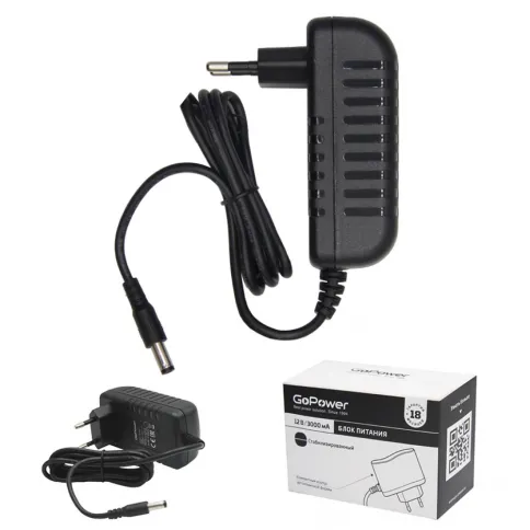 Блок питания GoPower 3.0A 12V 5,5x2,5/12мм импульсный (1/90) фото 1