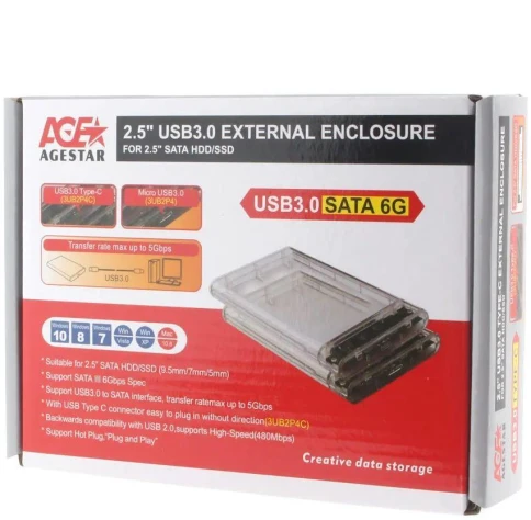 Внешний корпус для HDD/SSD AgeStar 3UB2P4C SATA III USB3.0 пластик... фото 3