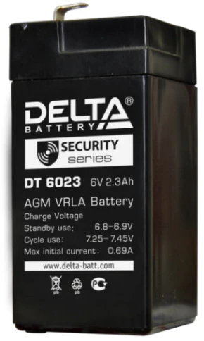 Батарея DELTA серия DT, DT 6023, напряжение 6В, емкость 2.3Ач (разряд 20 часов),  макс. ток разряда (5 сек.) 30А, макс. ток заряда 0.69А, свинцово-кислотная типа AGM, клеммы F1, ДxШxВ 44х47х101мм., вес 0.45кг., срок службы 5 лет./ Battery DELTA series DT, фото 1