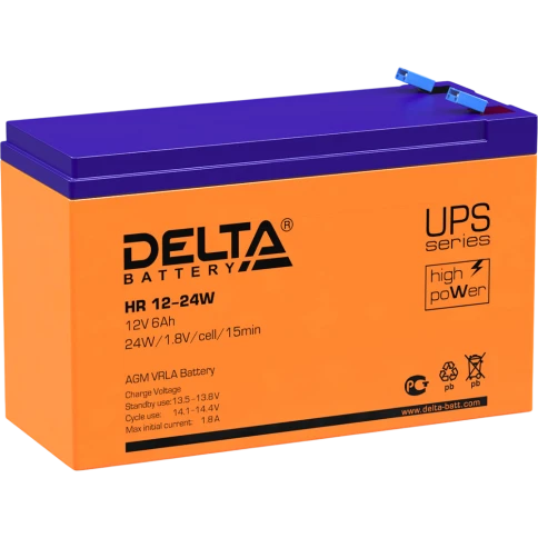 Батарея DELTA серия HR-W, HR 12-24 W, напряжение 12В, емкость 6Ач (разряд 20 часов),  макс. ток разряда (5 сек.) 90А, макс. ток заряда 1.8А, свинцово-кислотная типа AGM, клеммы F2, ДxШxВ 151х52х94мм., вес 2.18кг., срок службы 8 лет./ Battery DELTA series фото 1