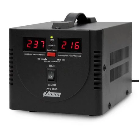 Стабилизатор POWERMAN AVS 500D, ступенчатый регулятор, цифровые индикаторы уровней напряжения, 500ВА, 140-260В, максимальный входной ток 5А, 2 евророзетки, IP-20, напольный,  200мм х 150мм х 140мм, 2,3 кг./ Stabilizer POWERMAN AVS 500D, step-type regulato фото 1