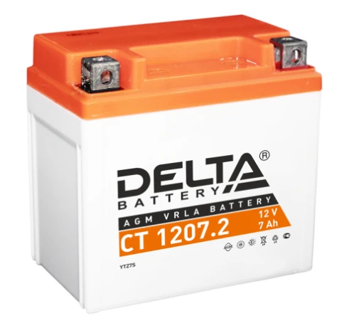Аккумуляторная батарея для мото-техники/ DELTA серия  CT, CT 1207.2, напряжение 12В, емкость 7 Ач (разряд 10 часов 10.5 В), пусковой ток: 130А, полярность обратная ( - +),  тип AGM;Pb (свинцово-кислотный), клеммы: BN под болт,  ДxШxВ 114x70x108мм., вес  2 фото 1
