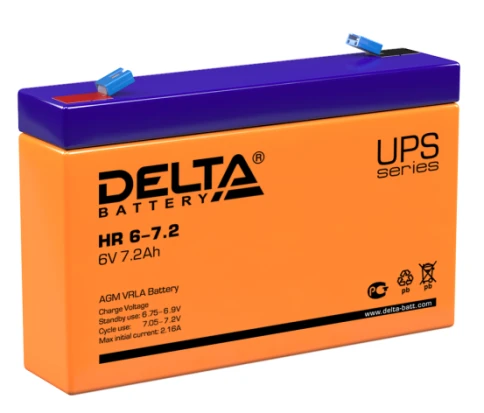 Батарея DELTA серия HR, HR 6-7,2, напряжение 6В, емкость 7.2Ач (разряд 20 часов),  макс. ток разряда (5 сек.) 108А, макс. ток заряда 2.1А, свинцово-кислотная типа AGM, клеммы F1, ДxШxВ 151х34х94мм., вес 1.28кг., срок службы 8 лет./ Battery DELTA series HR фото 1