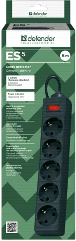 Сетевой фильтр Defender ES 5 5 м, черный, 5 розеток/ Surge Protector D фото 4
